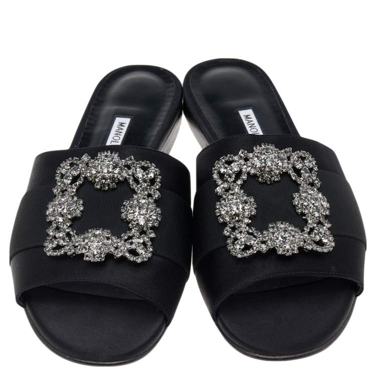 Pre Owned Manolo Blahnik Black Satin Crystal Martamod Flat Slide Sandals Size 38.5