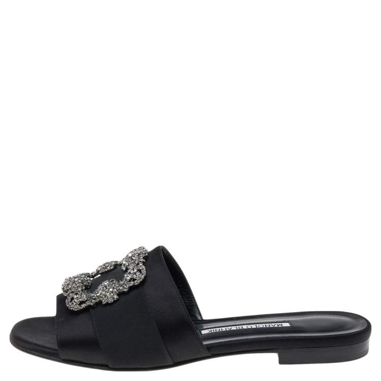 Pre Owned Manolo Blahnik Black Satin Crystal Martamod Flat Slide Sandals Size 38.5
