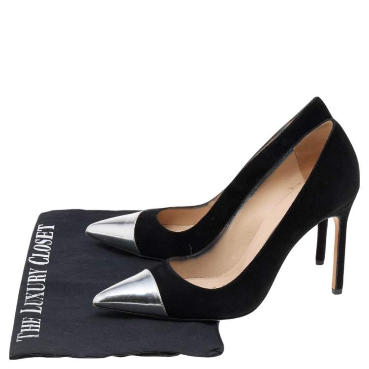 Pre Owned Manolo Blahnik Black/Silver Suede And Leather Bipunta Cap-Toe Pumps Size 37