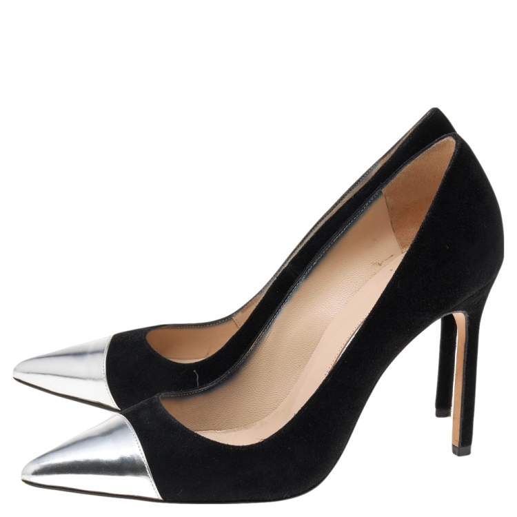 Pre Owned Manolo Blahnik Black/Silver Suede And Leather Bipunta Cap-Toe Pumps Size 37