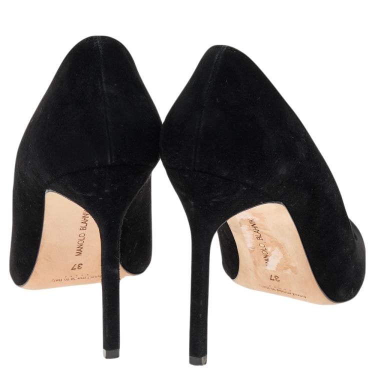 Pre Owned Manolo Blahnik Black/Silver Suede And Leather Bipunta Cap-Toe Pumps Size 37