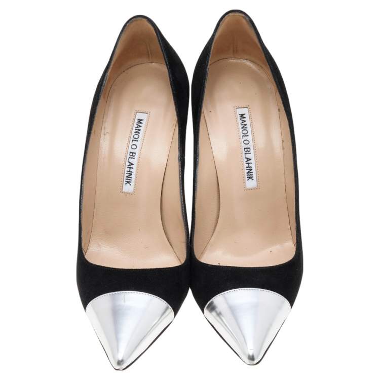 Pre Owned Manolo Blahnik Black/Silver Suede And Leather Bipunta Cap-Toe Pumps Size 37