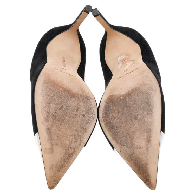 Pre Owned Manolo Blahnik Black/Silver Suede And Leather Bipunta Cap-Toe Pumps Size 37