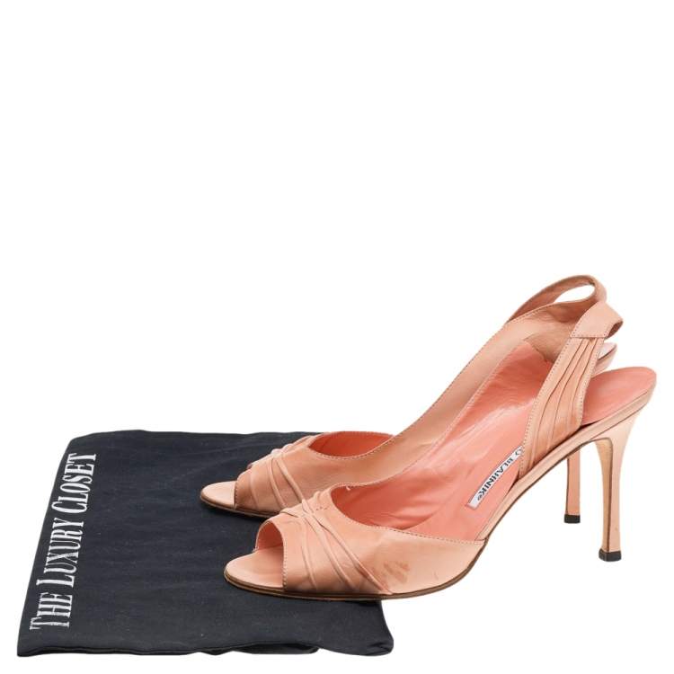 Pre Owned Manolo Blahnik Peach Leather Peep Toe D'orsay Slingback Sandals Size 38