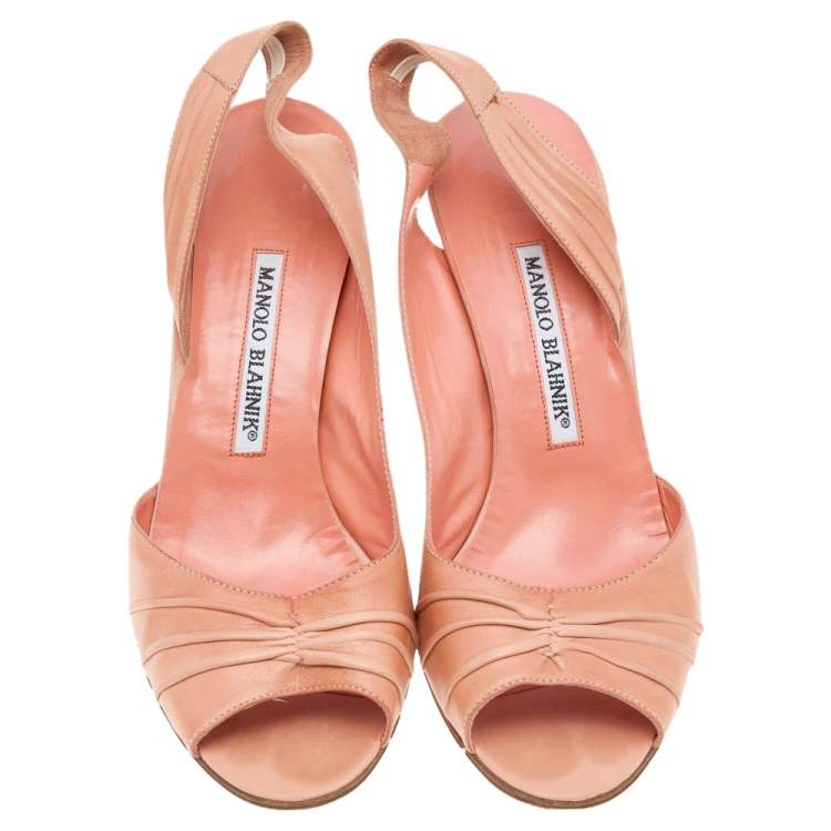 Pre Owned Manolo Blahnik Peach Leather Peep Toe D'orsay Slingback Sandals Size 38