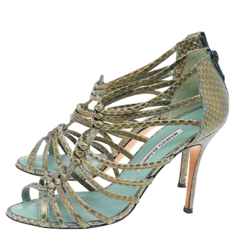 Pre Owned Manolo Blahnik Green Python Leather Strappy Sandals Size 39.5