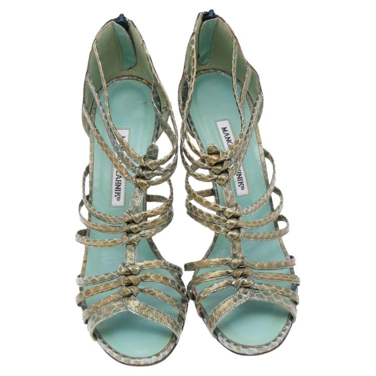 Pre Owned Manolo Blahnik Green Python Leather Strappy Sandals Size 39.5