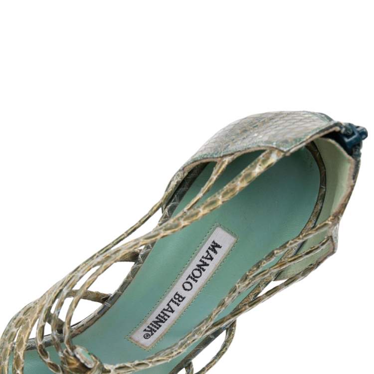 Pre Owned Manolo Blahnik Green Python Leather Strappy Sandals Size 39.5