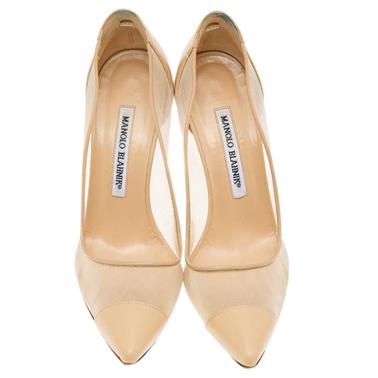 Pre Owned Manolo Blahnik Beige Leather And Mesh Pointed Toe Pumps Size 37