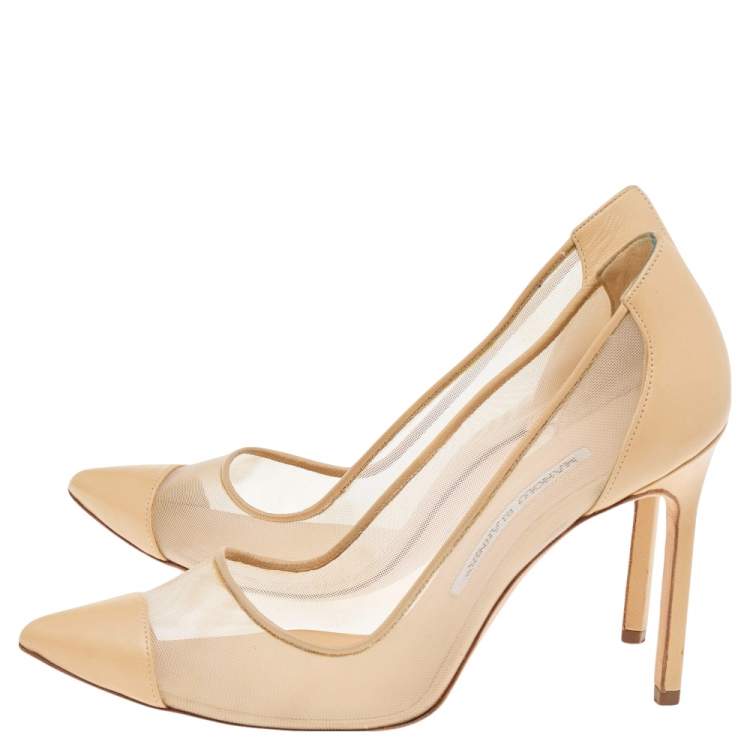 Pre Owned Manolo Blahnik Beige Leather And Mesh Pointed Toe Pumps Size 37