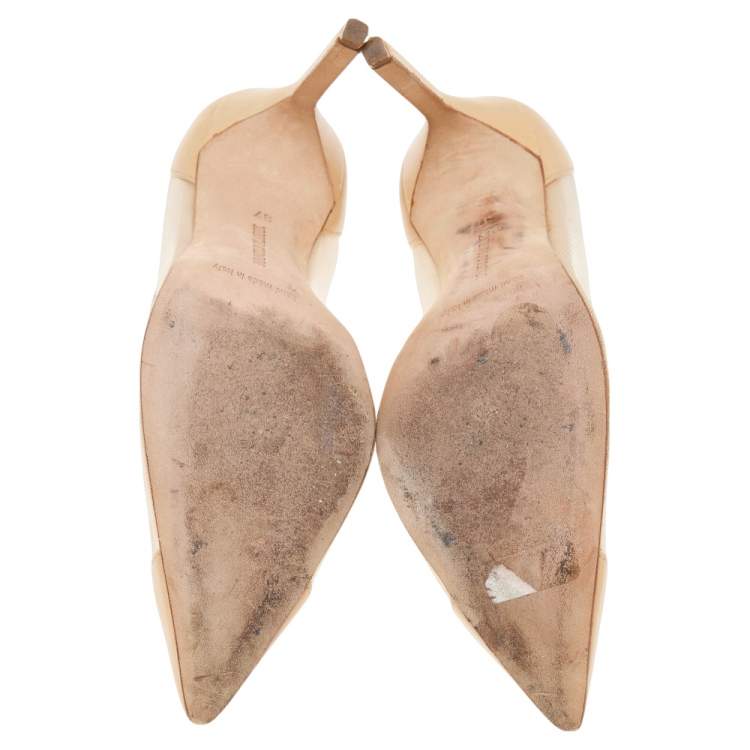 Pre Owned Manolo Blahnik Beige Leather And Mesh Pointed Toe Pumps Size 37