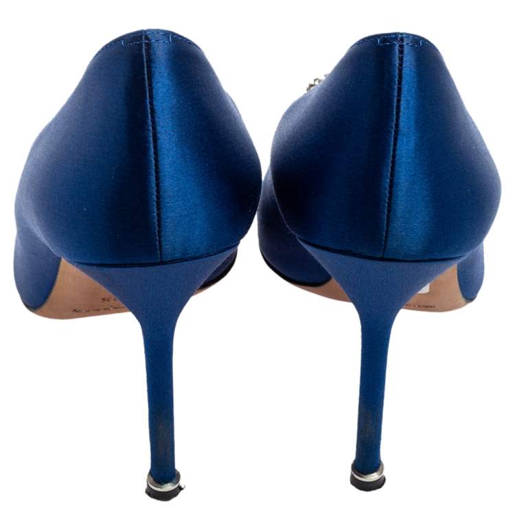 Pre Owned Manolo Blahnik Blue Satin Hangisi Pointed-Toe Pumps Size 40.5 