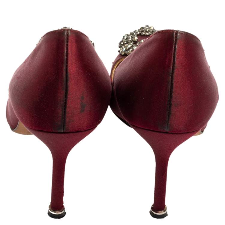 Pre Owned Manolo Blahnik Burgundy Satin Hangisi Pumps Size 37