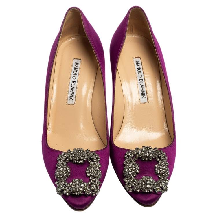 Pre Owned Manolo Blahnik Purple Satin Hangisi Pointed-Toe Pumps Size 35.5