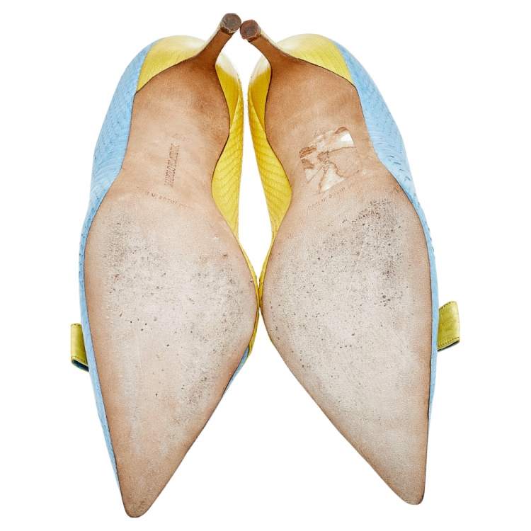 Pre Owned Manolo Blahnik Blue/Yellow Python Pointed Toe Pumps Size 37