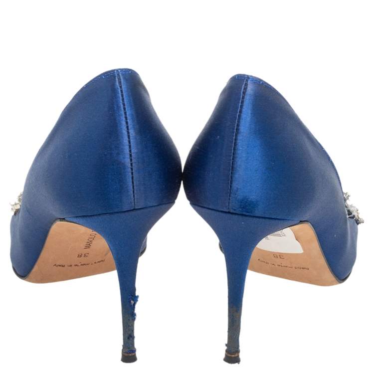 Pre Owned Manolo Blahnik Royal Blue Satin Nadira Pointed-Toe Pumps Size 38