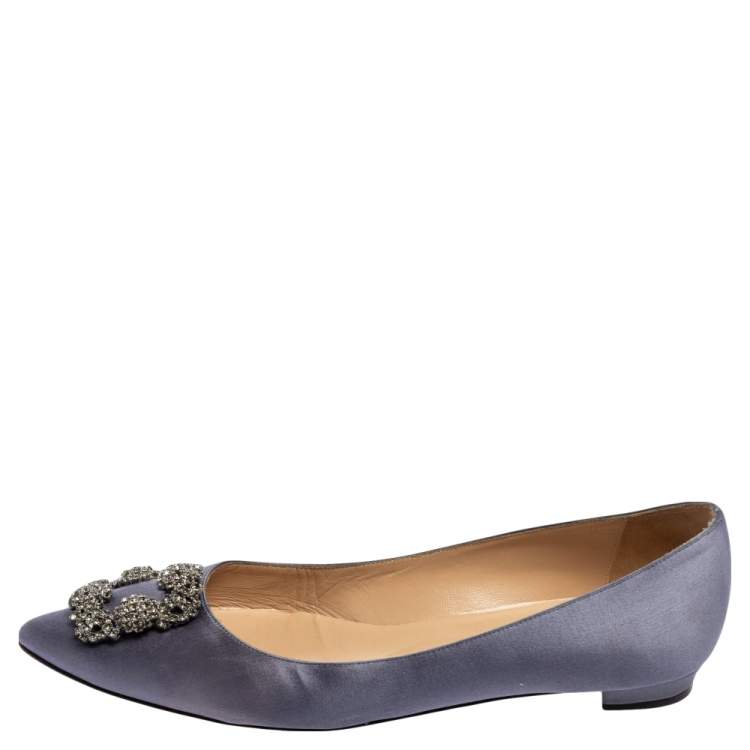 Pre Owned Manolo Blahnik Grey Satin Hangisi Ballet Flats Size 39.5