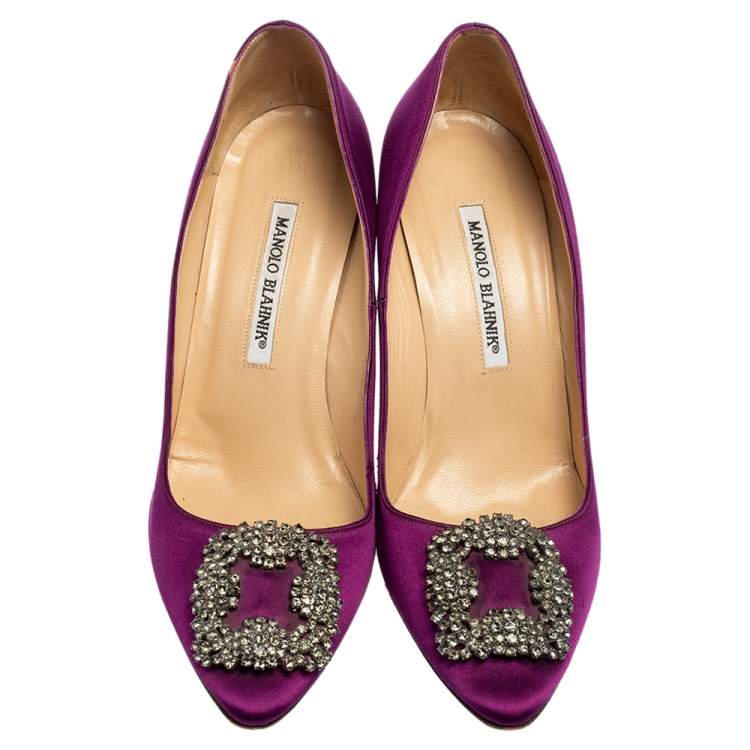 Pre Owned Manolo Blahnik Purple Satin Hangisi Pointed-Toe Pumps Size 38