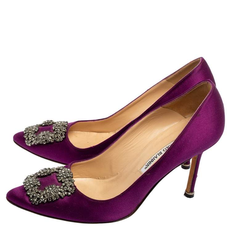 Pre Owned Manolo Blahnik Purple Satin Hangisi Pointed-Toe Pumps Size 38