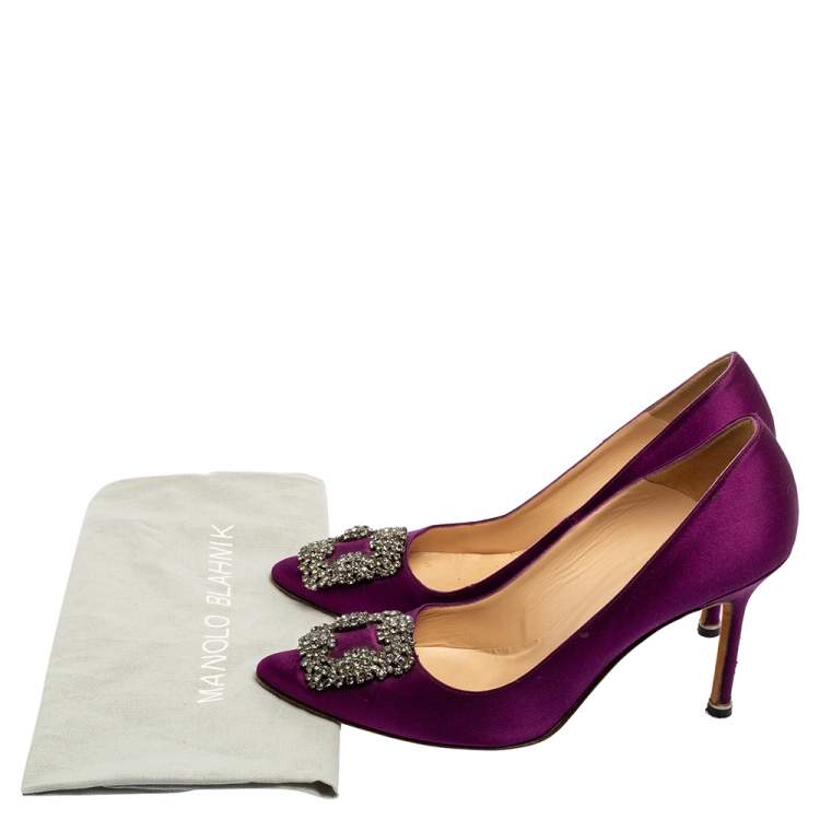 Pre Owned Manolo Blahnik Purple Satin Hangisi Pointed-Toe Pumps Size 38
