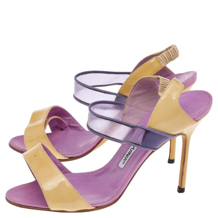 Pre Owned Manolo Blahnik Purple/Beige Patent Leather And PVC Slingback Sandals Size 36