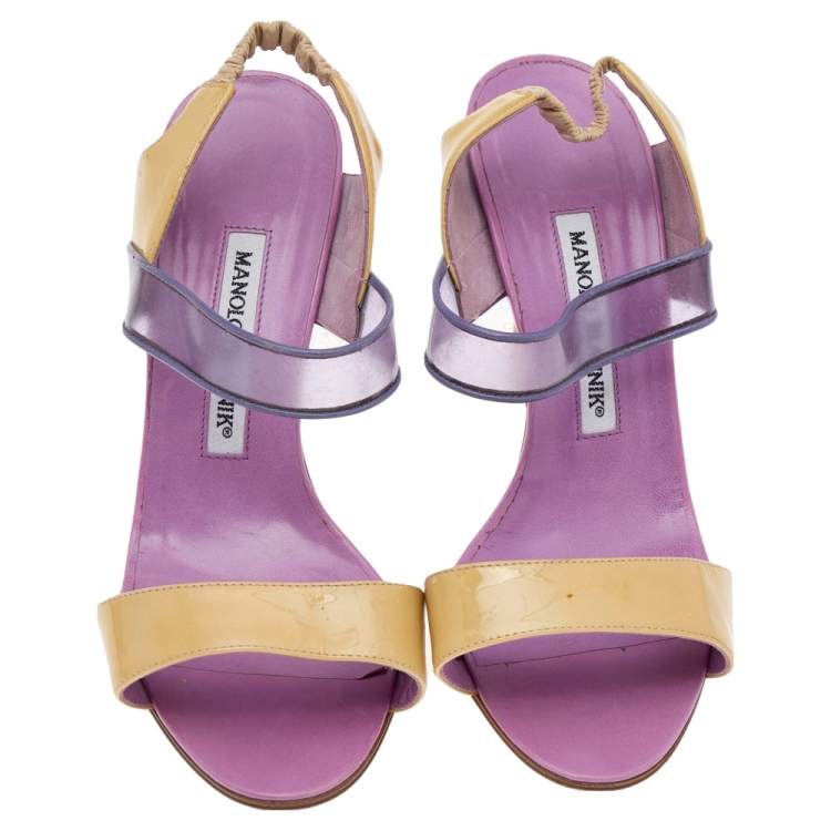 Pre Owned Manolo Blahnik Purple/Beige Patent Leather And PVC Slingback Sandals Size 36