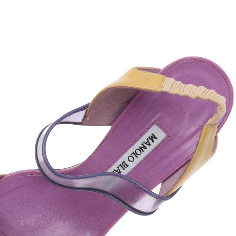 Pre Owned Manolo Blahnik Purple/Beige Patent Leather And PVC Slingback Sandals Size 36