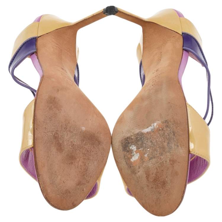 Pre Owned Manolo Blahnik Purple/Beige Patent Leather And PVC Slingback Sandals Size 36