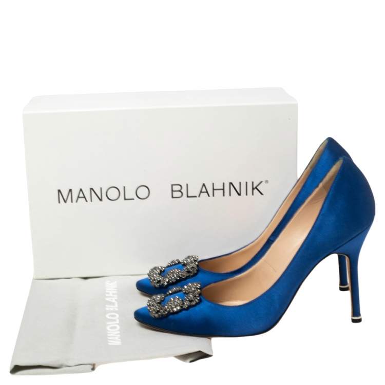 Pre Owned Manolo Blahnik Blue Satin Hangisi Crystal Embellished Pumps Size 38.5