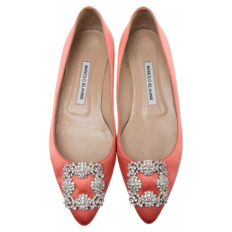 Pre Owned Manolo Blahnik Pink Satin Hangisi Crystal Embellished Ballet Flats Size 38