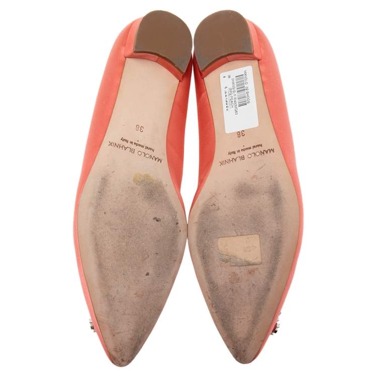 Pre Owned Manolo Blahnik Pink Satin Hangisi Crystal Embellished Ballet Flats Size 38