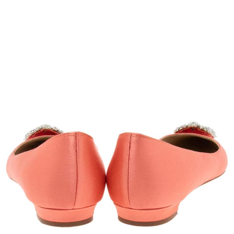 Pre Owned Manolo Blahnik Pink Satin Hangisi Crystal Embellished Ballet Flats Size 38