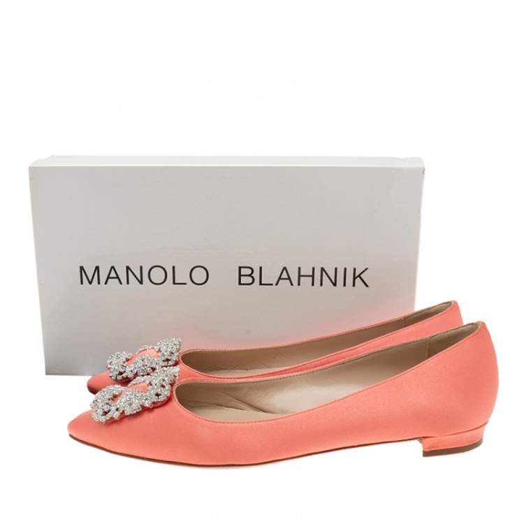 Pre Owned Manolo Blahnik Pink Satin Hangisi Crystal Embellished Ballet Flats Size 38