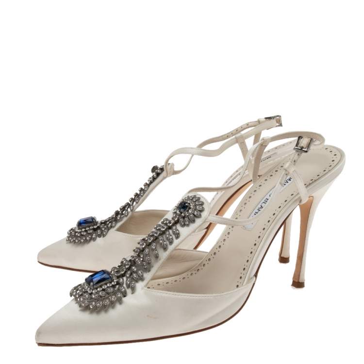 Pre Owned Manolo Blahnik White Satin Crystal Embellished  Slingback Sandals  Size 40