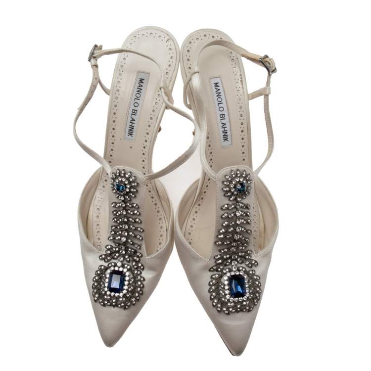 Pre Owned Manolo Blahnik White Satin Crystal Embellished  Slingback Sandals  Size 40
