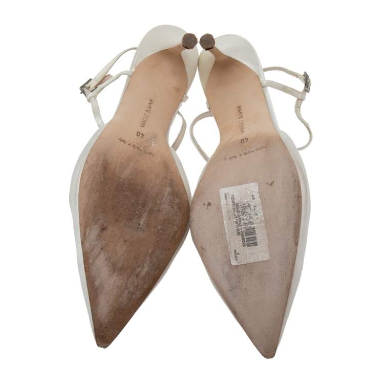 Pre Owned Manolo Blahnik White Satin Crystal Embellished  Slingback Sandals  Size 40