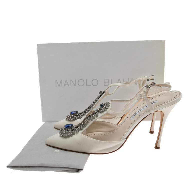 Pre Owned Manolo Blahnik White Satin Crystal Embellished  Slingback Sandals  Size 40