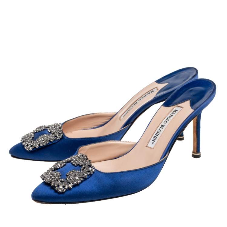 Pre Owned Manolo Blahnik Royal Blue Satin Hangisi Mule Sandals Size 39.5
