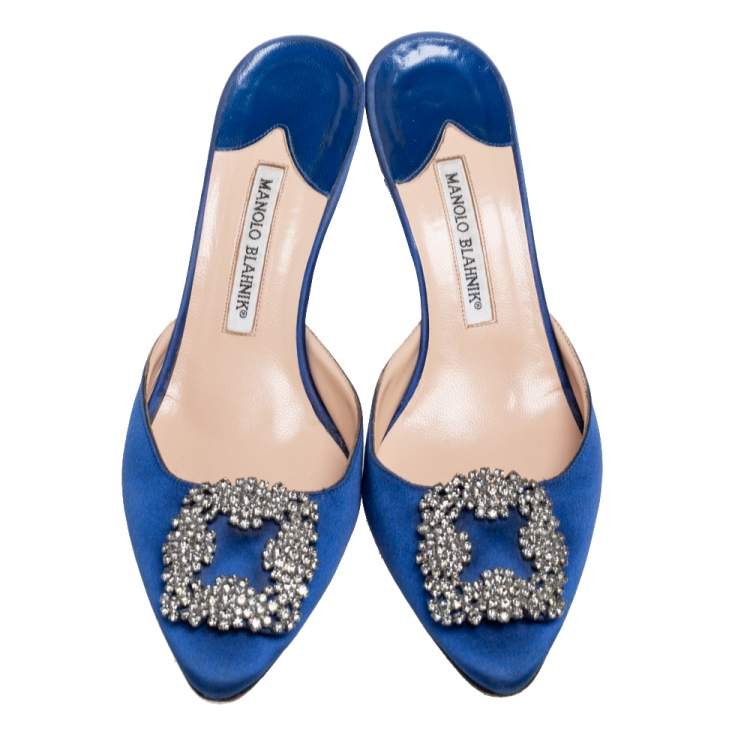 Pre Owned Manolo Blahnik Royal Blue Satin Hangisi Mule Sandals Size 39.5