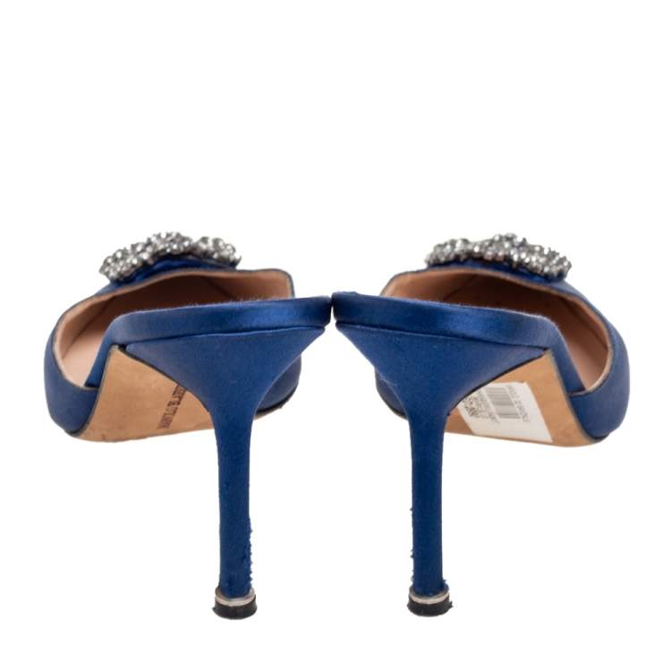 Pre Owned Manolo Blahnik Royal Blue Satin Hangisi Mule Sandals Size 39.5