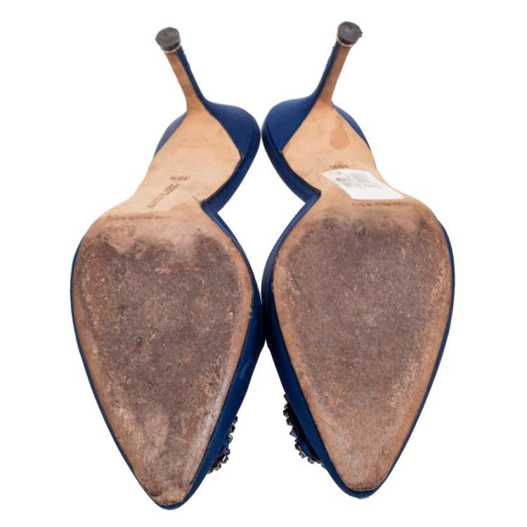 Pre Owned Manolo Blahnik Royal Blue Satin Hangisi Mule Sandals Size 39.5