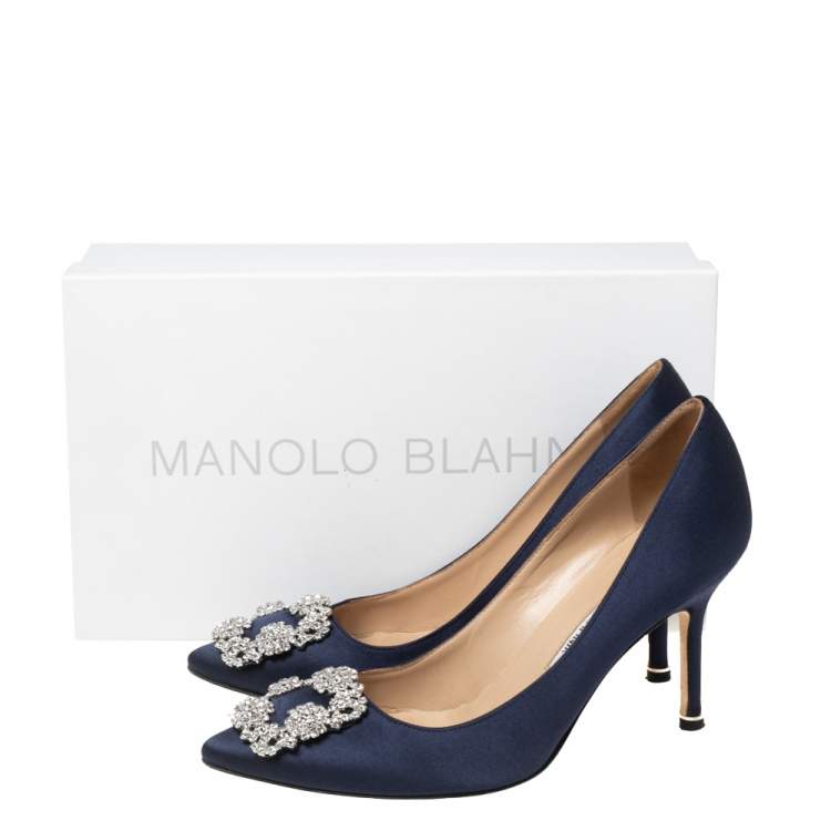 Pre Owned Manolo Blahnik Navy Blue Satin Hangisi Pumps Size 37
