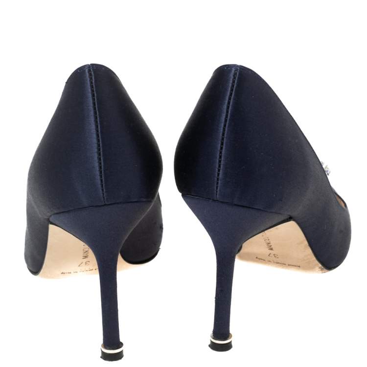 Pre Owned Manolo Blahnik Navy Blue Satin Hangisi Pumps Size 37