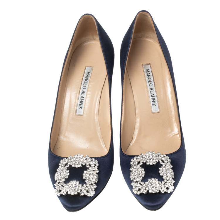 Pre Owned Manolo Blahnik Navy Blue Satin Hangisi Pumps Size 37