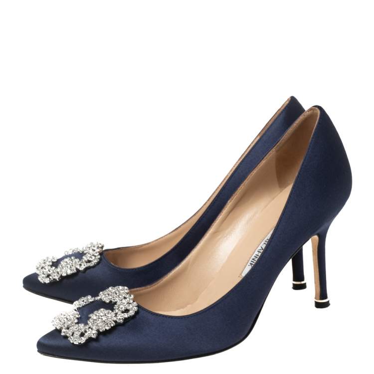 Pre Owned Manolo Blahnik Navy Blue Satin Hangisi Pumps Size 37