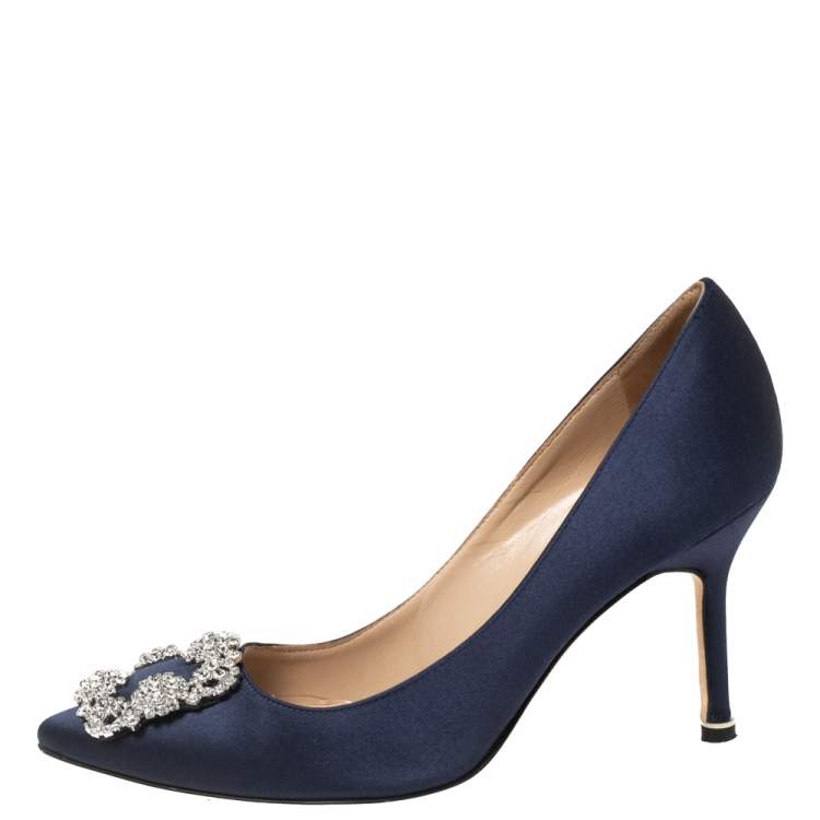 Pre Owned Manolo Blahnik Navy Blue Satin Hangisi Pumps Size 37