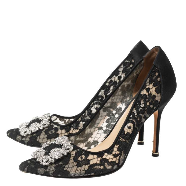 Pre Owned Manolo Blahnik Black Lace and Satin Hangisi Crystal Embellished Pumps Size 40