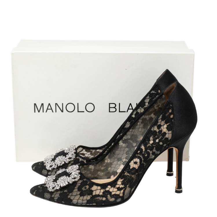 Pre Owned Manolo Blahnik Black Lace and Satin Hangisi Crystal Embellished Pumps Size 40