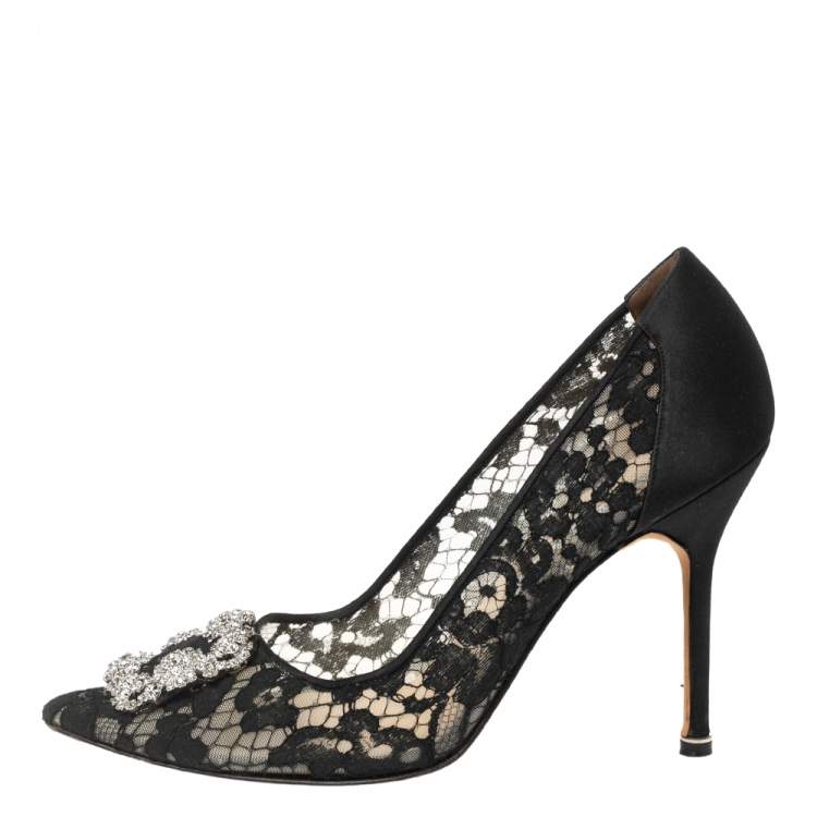Pre Owned Manolo Blahnik Black Lace and Satin Hangisi Crystal Embellished Pumps Size 40