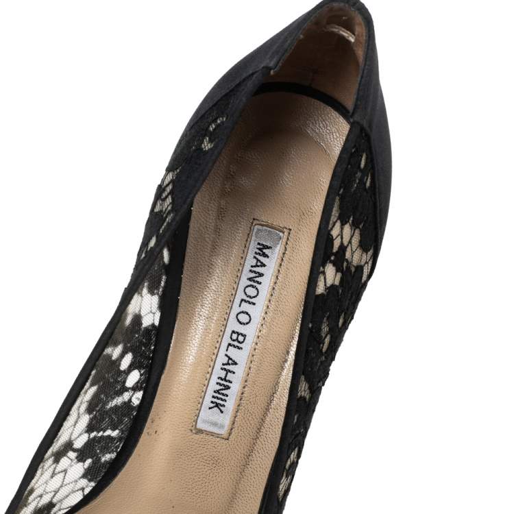Pre Owned Manolo Blahnik Black Lace and Satin Hangisi Crystal Embellished Pumps Size 40